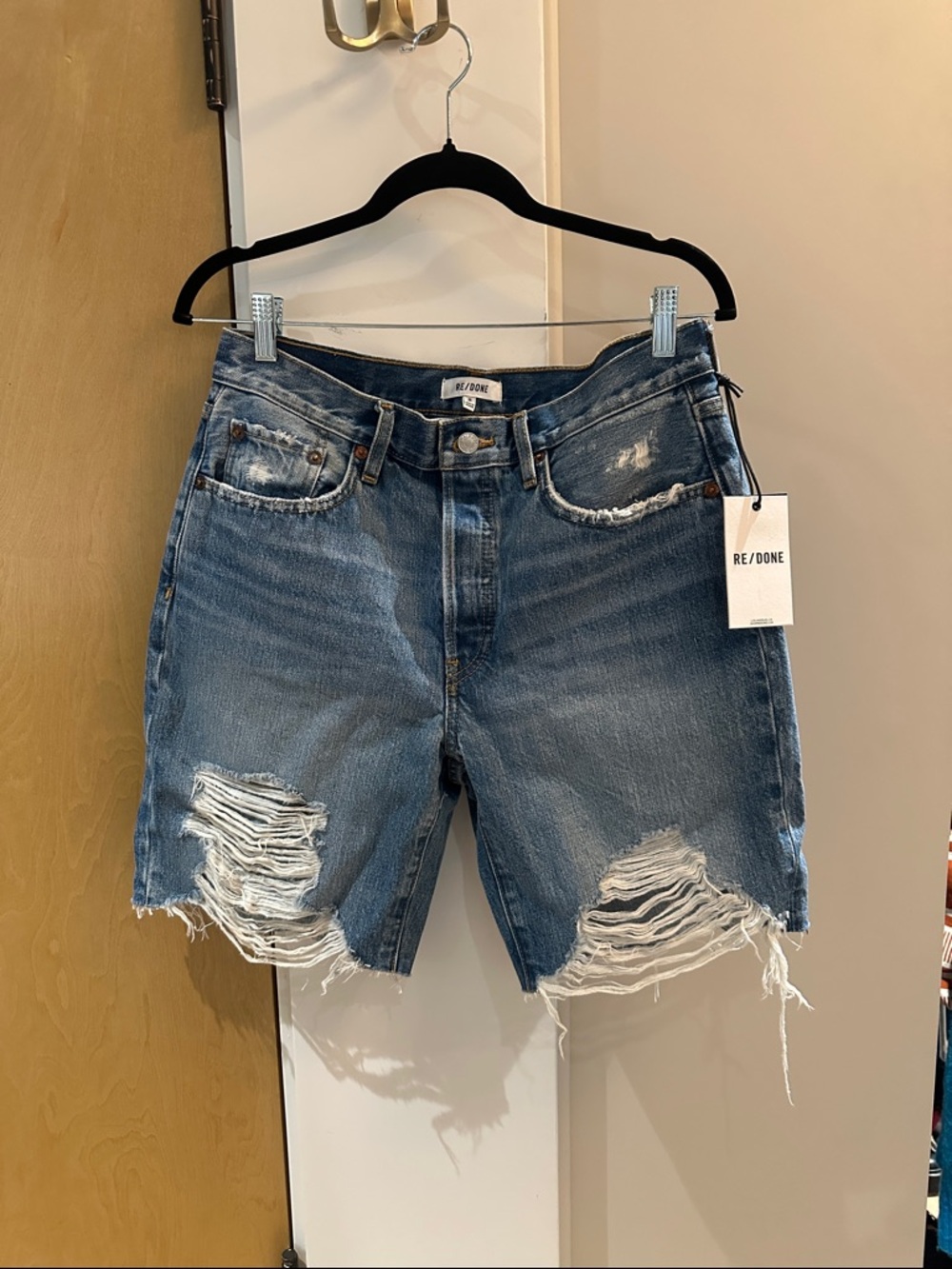 Re/Done Long Loose Distressed Blue Denim Jean Shorts with Frayed Hem
